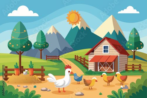 A scene showcasing free-range chickens roaming around a barn on a farm, Free range chicken farm Customizable Disproportionate Illustration