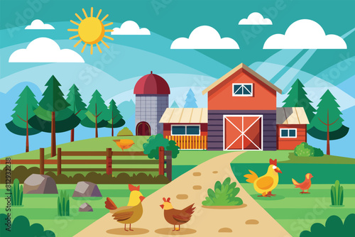 A view of free-range chickens pecking the ground near a rustic barn on a farm, Free range chicken farm Customizable Flat Illustration