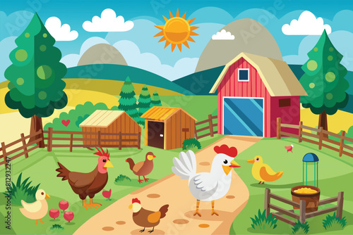 A farm scene showing free-range chickens and roosters, surrounded by a barn, Free range chicken farm Customizable Disproportionate Illustration