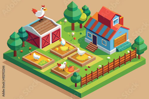 A traditional farm setting with a barn and free-range chickens roaming around, Free range chicken farm Customizable Isometric Illustration