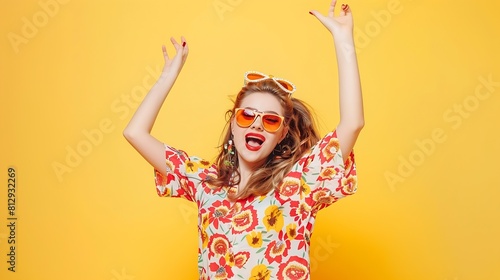Photo cute dancing lady drink nonalcoholic beverage youth party wear heart sunglass print shirt isolated yellow color background : Generative AI photo
