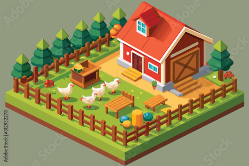 A farm scene featuring a barn and free-range chickens roaming, Free range chicken farm Customizable Isometric Illustration
