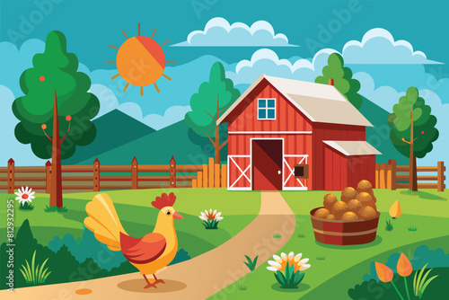 A rooster stands near a traditional red barn on a free range chicken farm, Free range chicken farm Customizable Semi Flat Illustration