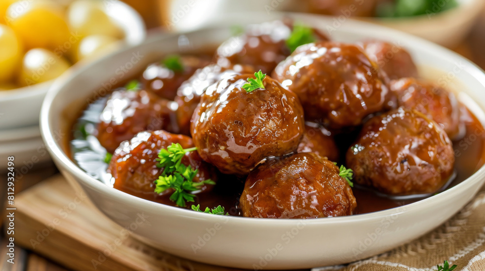 Delicious glazed meatballs with a sprinkle of fresh parsley in a white dish, ideal for culinary websites, menus, and recipe visuals Delicious glazed meatballs with a sprinkle of fresh parsley in a white dish, ideal for culinary websites, menus, and recipe visuals