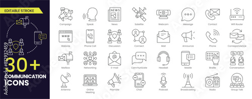 Communication Stroke icon collections. Containing discussion, speech bubble, talking, consultation and conversation icons. Editable Outline icon.