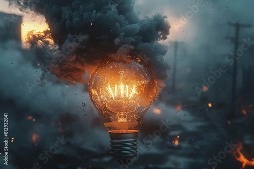 A light bulb shattering, spewing out dark smoke and pollution instead of light. photo