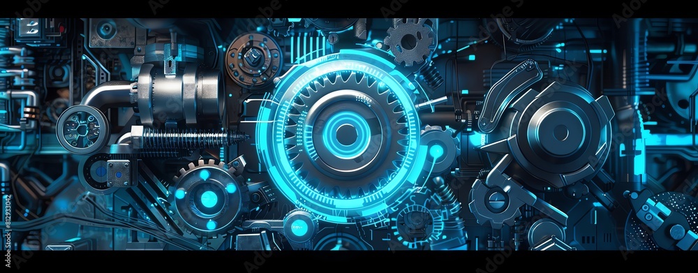 Abstract futuristic mechanical gear and industrial engine with blue glowing line tech background, digital screen technology concept for industry in the style of digital screen technology.