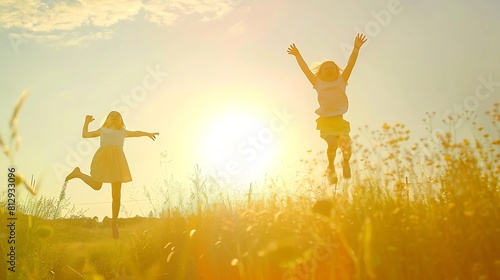 happy kids jumping on summer field : Generative AI