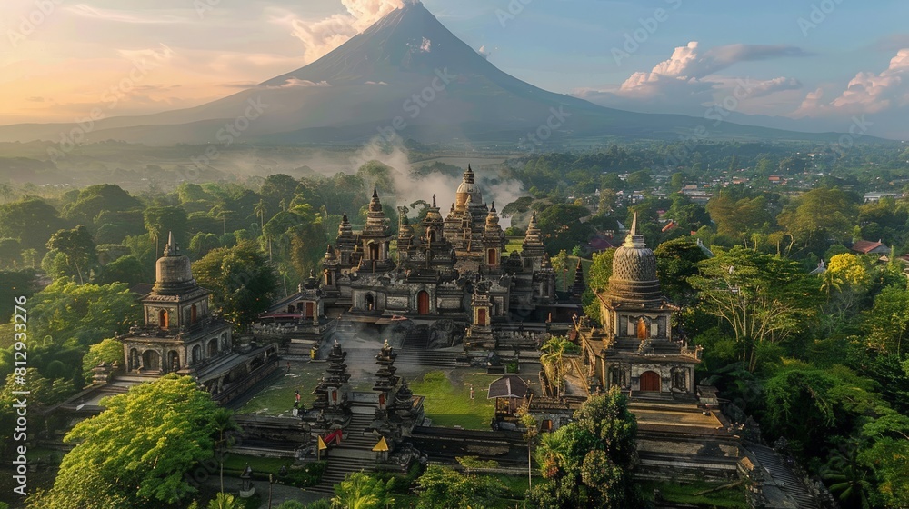 The majestic Mount Merapi in Indonesia with its active volcanic landscape providing a stunning backdrop for the ancient temples nearby highlighting th
