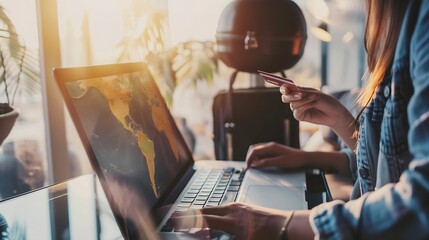Happy young woman with credit card booking vacation at travel agency or making hotel reservation online using laptop computer planning abroad trip at home copy space : Generative AI