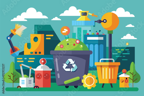 Various garbage and trash cans placed together in an urban setting, Garbage management Customizable Cartoon Illustration