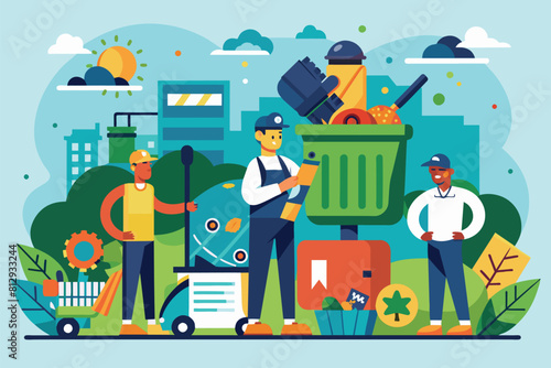 Several individuals gathered around a garbage can, discussing waste management solutions, Garbage management Customizable Disproportionate Illustration