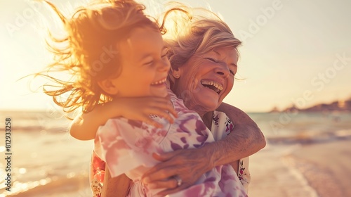 Mother grandmother and a child happy at the beach on a family vacation holiday or adventure Senior woman mom and girl kid laugh together outdoor for summer fun freedom and travel or qu : Generative AI #812933258