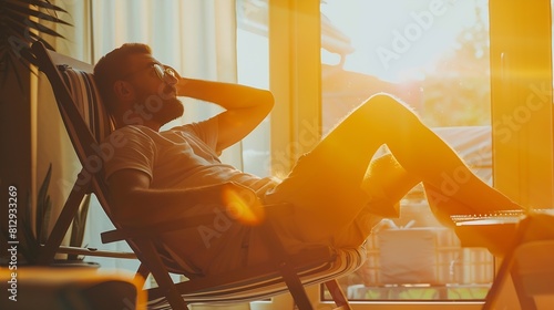Bored man spending summer vacations at home and pretending he is on the beach he is sunbathing in his living room and resting on a deckchair : Generative AI photo