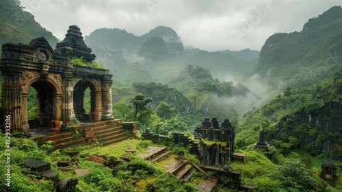 The M�?Sơn ruins in Vietnam remnants of Hindu temples constructed between the 4th and 14th centuries by the Champa Kingdom nestled in a lush valley. photo