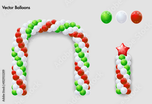 Garlands of balloons. Golden white black colors balloons line and arch. Arch of balloons. Gold black white balloon set. Vector objects on transparent background