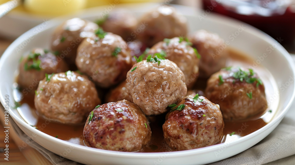 Delicious homemade meatballs with a sprinkle of fresh parsley, served on a rustic wooden table for a mouthwatering meal Delicious homemade meatballs with a sprinkle of fresh parsley, served on a rustic wooden table for a mouthwatering meal