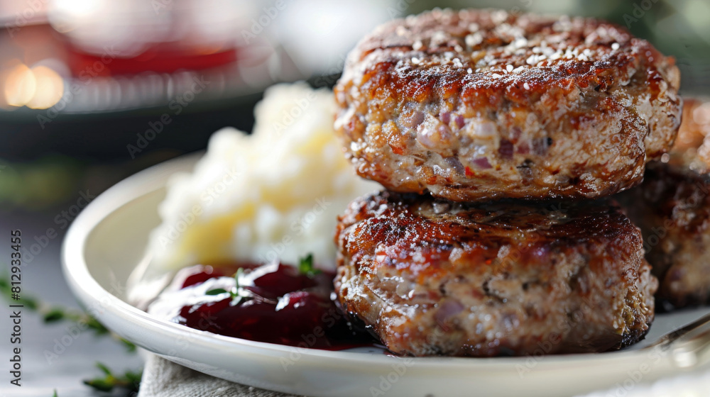 Succulent grilled meatballs with creamy mashed potatoes, cranberry sauce, and fresh thyme served on a white plate in a close-up shot Succulent grilled meatballs with creamy mashed potatoes, cranberry sauce, and fresh thyme served on a white plate in a close-up shot