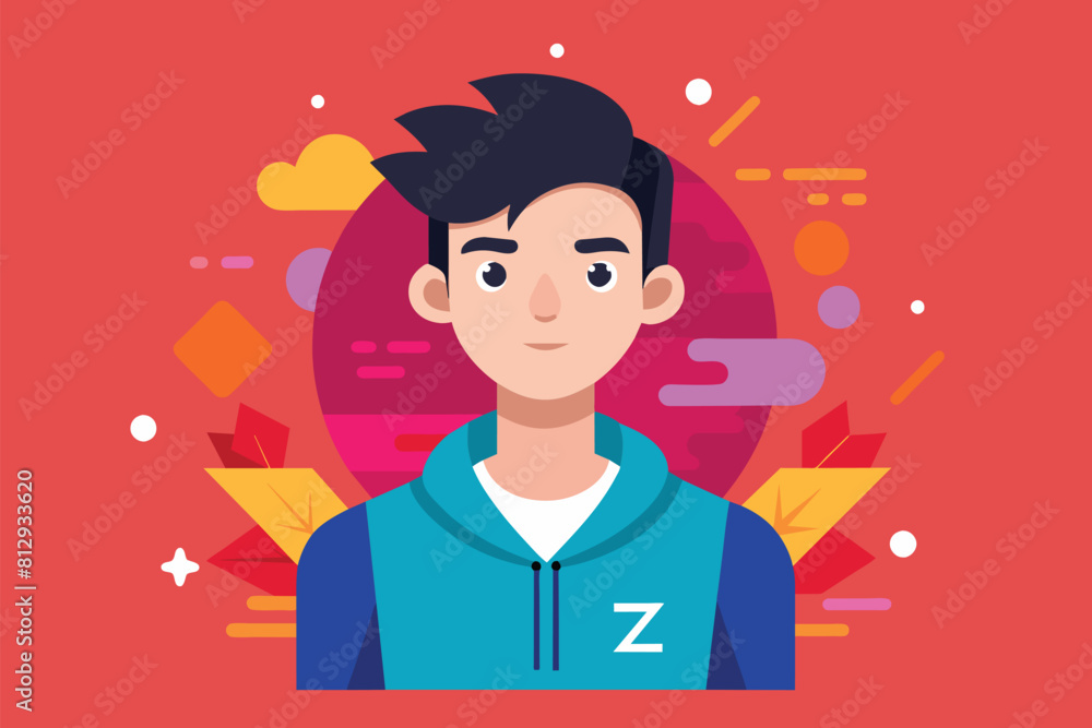 A male figure wearing a blue jacket stands against a vibrant red background, Gen z Customizable Flat Illustration A male figure wearing a blue jacket stands against a vibrant red background, Gen z Customizable Flat Illustration