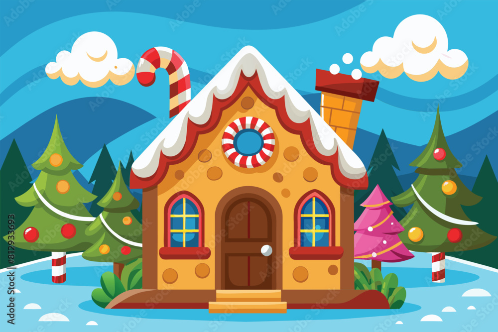 A gingerbread house stands surrounded by Christmas trees in a festive holiday scene, Gingerbread house Customizable Cartoon Illustration A gingerbread house stands surrounded by Christmas trees in a festive holiday scene, Gingerbread house Customizable Cartoon Illustration