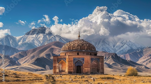 The Karakhanid Mausoleum in Uzgen Kyrgyzstan an 11th-century architectural marvel with elaborate brickwork and a distinct conical dome representing th photo