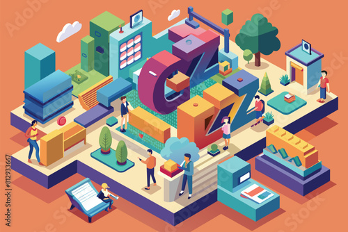 A diverse group of individuals standing around a large letter in a vibrant and dynamic setting, Gen z Customizable Isometric Illustration © Iftikhar alam