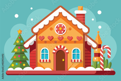 A gingerbread house surrounded by Christmas trees and candy canes  Gingerbread house Customizable Flat Illustration