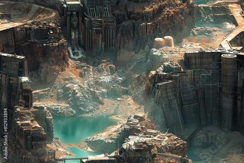 Craft a scene of a futuristic hydroelectric dam in a post-apocalyptic world