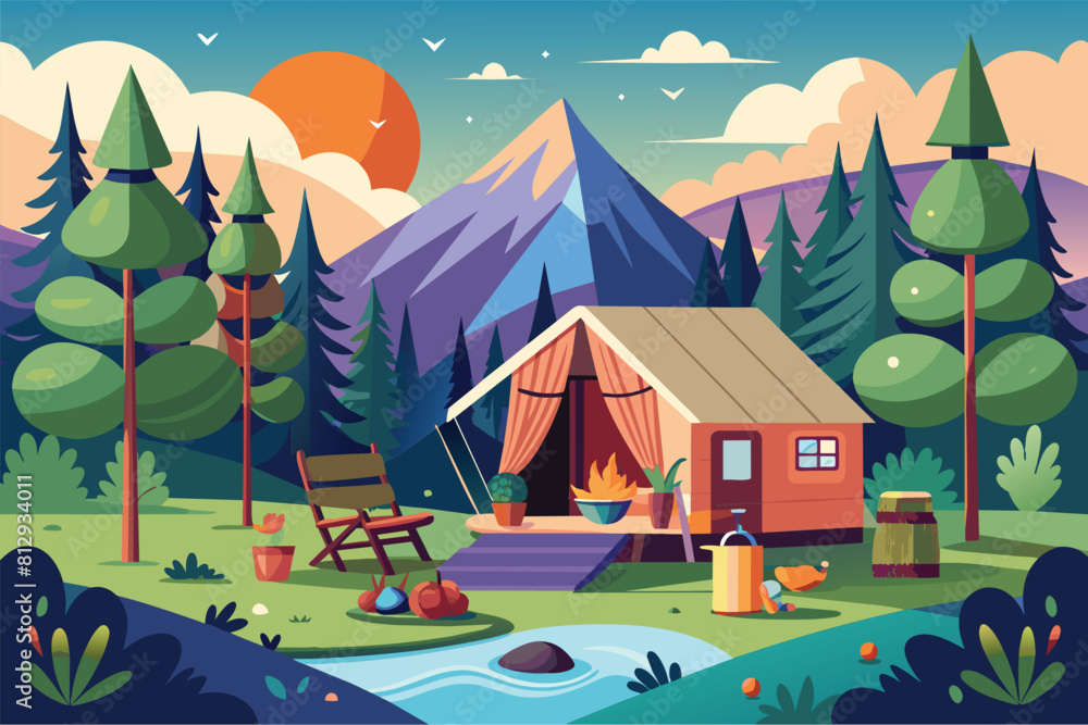 A small cabin nestled in the midst of a dense forest surrounded by trees and greenery, Glamping Customizable Flat Illustration A small cabin nestled in the midst of a dense forest surrounded by trees and greenery, Glamping Customizable Flat Illustration