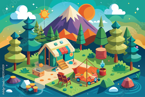 A small dwelling sits in the center of a serene lake, surrounded by lush green trees, Glamping Customizable Disproportionate Illustration