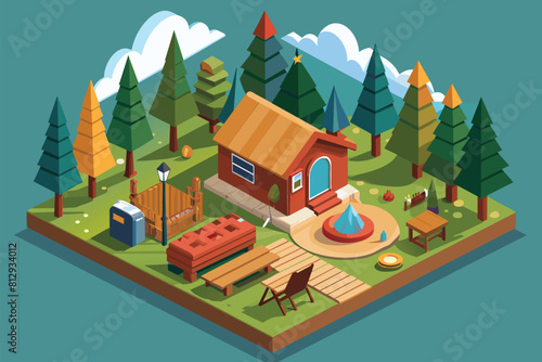 A small cabin surrounded by trees in a dense forest setting, Glamping Customizable Isometric Illustration