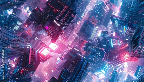 Create a captivating aerial view of robotic wildlife roaming amidst futuristic skyscrapers and neon-lit streets