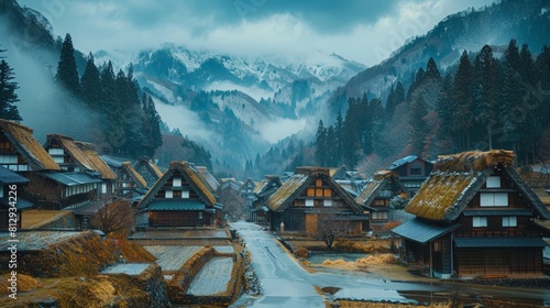 The Historic Villages of Shirakawa-go and Gokayama in Japan inscribed as UNESCO World Heritage Sites known for their traditional gassho-zukuri farmhou photo