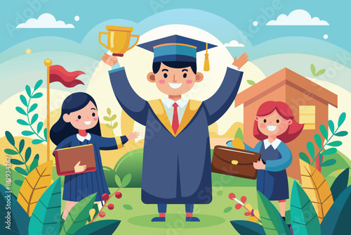 A man dressed in a graduation gown proudly holds a trophy in his hand, Graduation Customizable Cartoon Illustration