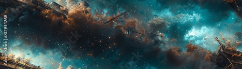 Delve into a surreal maritime adventure with a worms-eye view, featuring a towering shipwreck consumed by twisting coral formations, under a sky of swirling galaxies photo