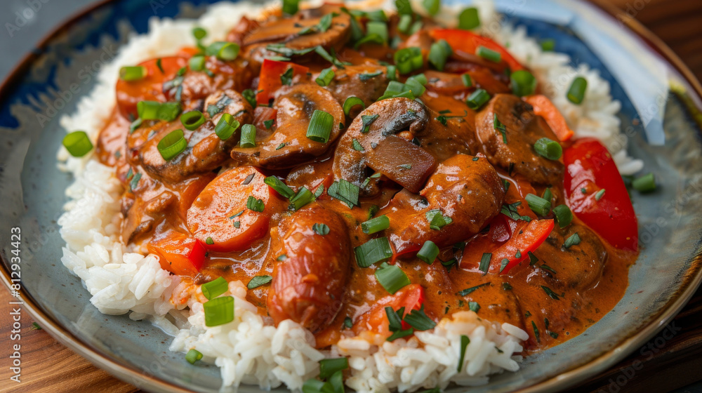 Savory beef stroganoff with mushrooms, red peppers, and spring onions served over white rice Savory beef stroganoff with mushrooms, red peppers, and spring onions served over white rice