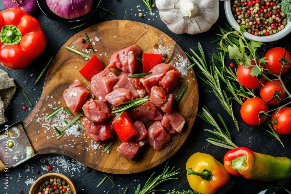 Top view of raw diced meat with fresh vegetables and herbs, ready for cooking Top view of raw diced meat with fresh vegetables and herbs, ready for cooking