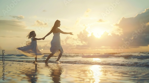 Happy loving family mother and daughter having fun together on the beach Mum playing with her kid in holiday vacation next to the ocean Family lifestyle and love concept : Generative AI