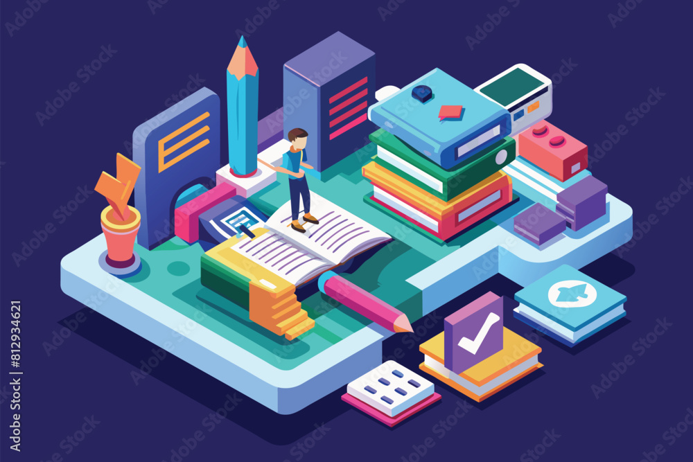 A person stands on a tablet surrounded by books, Grammar correction Customizable Isometric Illustration A person stands on a tablet surrounded by books, Grammar correction Customizable Isometric Illustration
