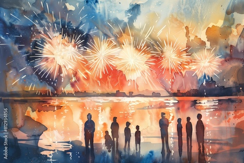 Silhouettes of people watching fireworks. Serene watercolor scene of a lakeside fireworks display on Independence Day, reflecting the colorful bursts in the water with silhouettes of onlookers.  photo