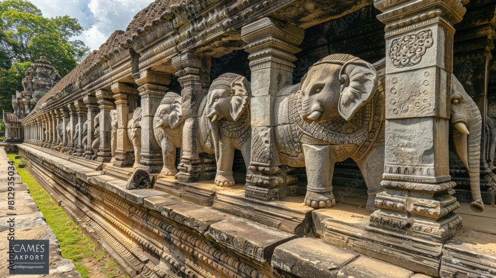The Elephant Terrace in the Angkor Thom complex Cambodia used by the Khmer kings for public ceremonies and known for its intricate carvings of elephan