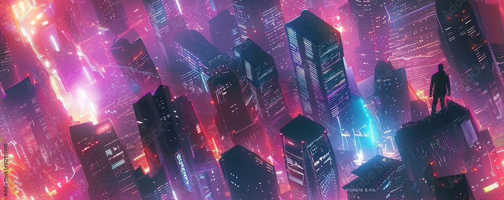 Illustrate a cyberpunk hip-hop dancer with towering holographic skyscrapers as a backdrop, featuring dynamic poses and neon accents from a birds-eye perspective
