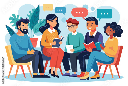 A diverse group of individuals sitting in a circle, engaged in conversation during a group therapy session, Group therapy Customizable Cartoon Illustration