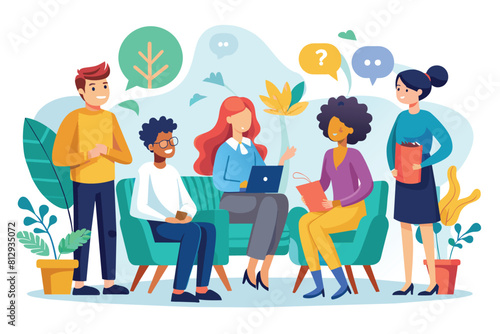 A diverse group of individuals sitting around a laptop, actively engaging in a discussion, Group therapy Customizable Disproportionate Illustration