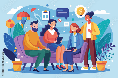 A group of people engaged in conversation while sitting on a couch, Group therapy Customizable Cartoon Illustration