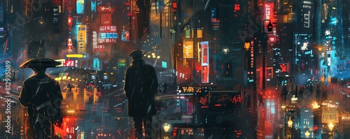 Illustrate a cybernetic detective navigating a rain-soaked city street
