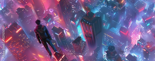 Illustrate a cyberpunk hip-hop dancer with towering holographic skyscrapers as a backdrop  featuring dynamic poses and neon accents from a birds-eye perspective