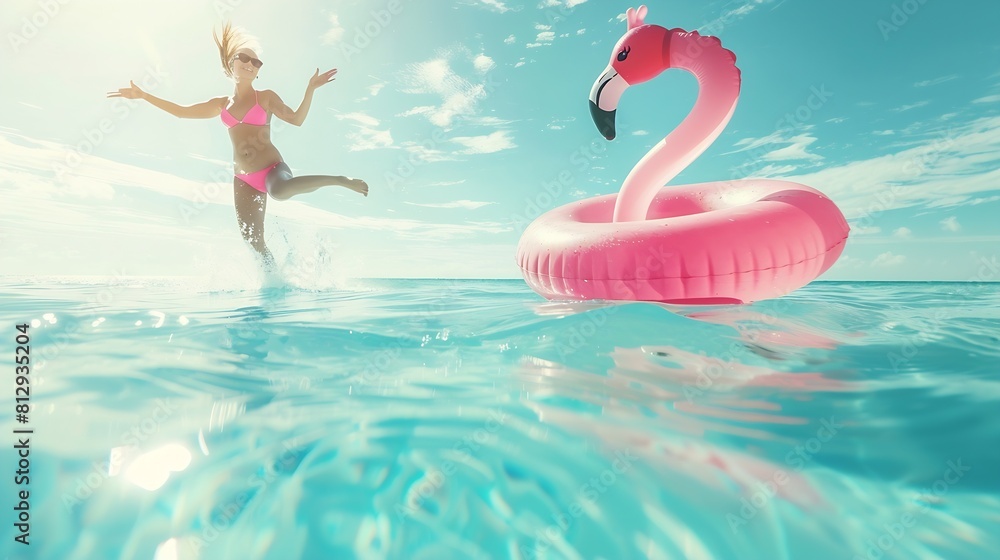 Fototapeta premium Vacation fun woman in bikini with funny inflatable pink flamingo pool float running of joy jumping by infinity swimming pool Girl enjoying travel holidays at resort luxury overwater bu : Generative AI