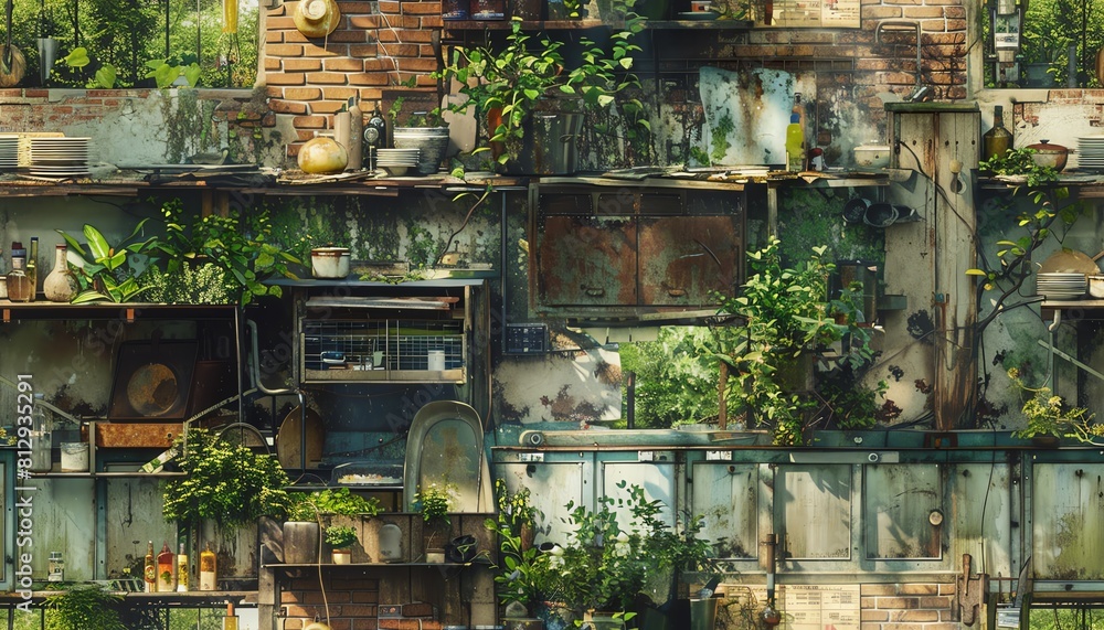 Illustrate a panoramic view of the post-apocalyptic kitchen competition with a mix of watercolor and digital techniques Emphasize the contrast between the lush