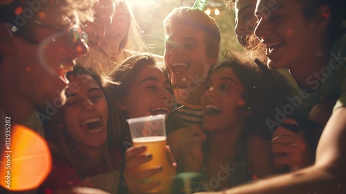 Group of young people celebrate and bond together at a summer festival camp laughing chatting and having fun over cold beers This photo has intentional use of 35mm film grain : Generative AI photo
